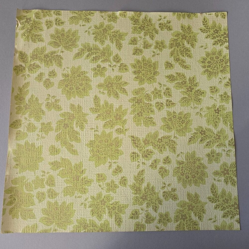 Vintage Wallpaper Sample Sheet 70s Avocado Green Floral Crafting Ephemera Paper